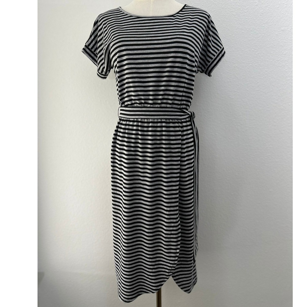 NY Collection Dress Womens Small Black Gray Striped Belted Tulip Hem Casual‎